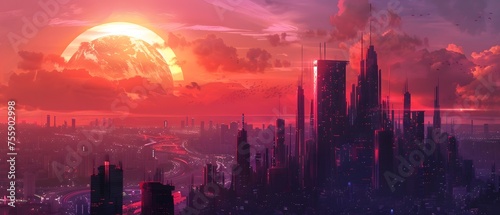 Sunset Horizon of a Dynamic Futuristic Cityscape A Metropolis of Sustainable Energy Infrastructure and Innovative Design