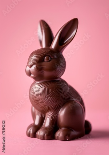 Chocolate easter bunny, isolated on pink background. Luxury chocolate, Easter holiday. Delicious milk, dark chocolate bunny.	
