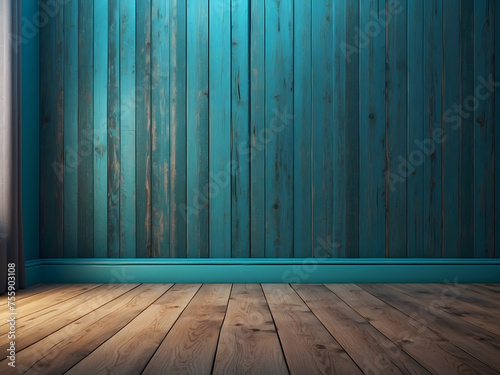 Blue turquoise empty wall and wooden floor with interesting glare from the window. Interior background for the presentation design.