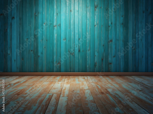 Blue turquoise empty wall and wooden floor with interesting glare from the window. Interior background for the presentation design.