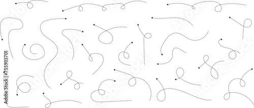 Hand drawn dotted arrows. Hand drawn freehand different curved lines, swirls arrows. Curved arrow line. Doodle, sketch style. Isolated Vector illustration.