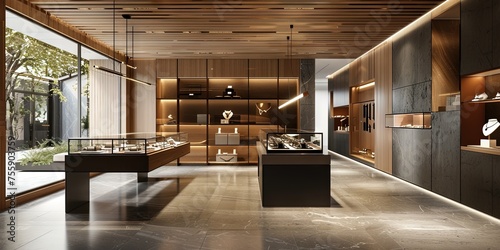 Modern retail jewelry store interior with products on display--empty with no people, fictional store by artificial intelligence