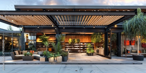 Modern retail store exterior with outdoor patio furniture on terrace and products on display--empty with no people, fictional store by artificial intelligence