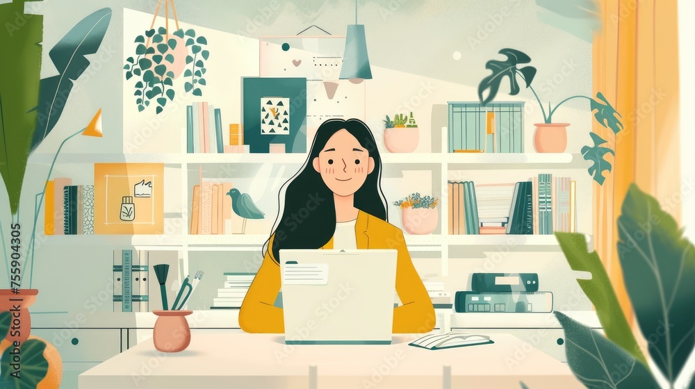 Asian Woman Enjoying Work Laptop on Desk in Home Settin Asian Woman Enjoying Work Laptop on Desk in Home Settin
