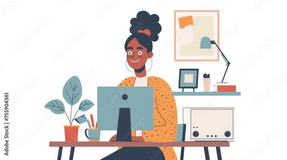 Asian Woman Enjoying Work Laptop on Desk in Home Settin