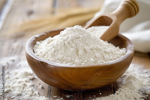 Wooden Bowl of White Rice Flour on Rustic Kitchen Table.