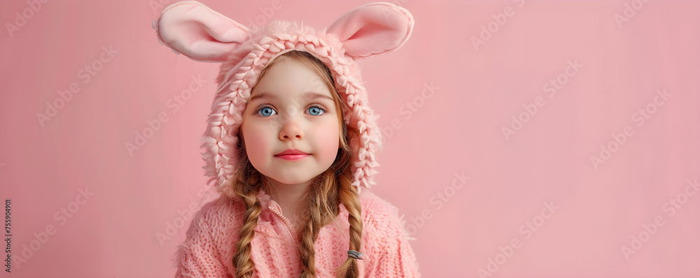 Cute little child wearing pink bunny costume on Easter day. Toddler girl in rabbit kigurumi on pastel rose background. Happy Easter concept. Template for greeting card, banner, poster, flyer 