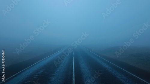 Misty view of empty road at dawn in Iceland 