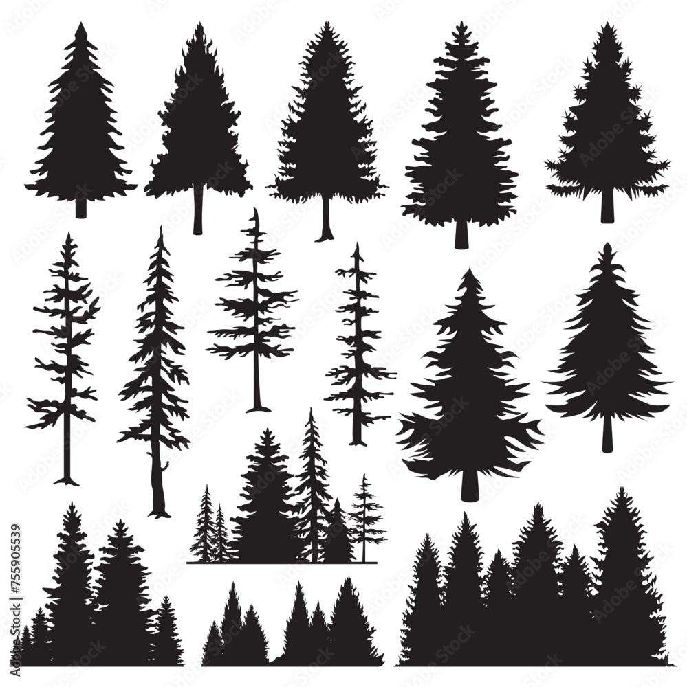 Fototapeta premium Tree Silhouette Illustration Vector Collection. Vintage trees and forest silhouettes set in monochrome style isolated vector illustration.