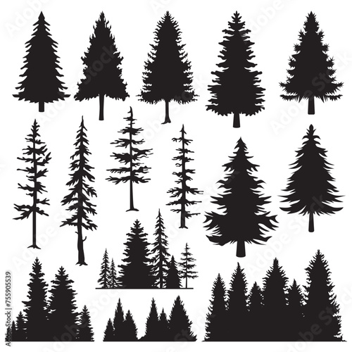 Tree Silhouette Illustration Vector Collection. Vintage trees and forest silhouettes set in monochrome style isolated vector illustration.  