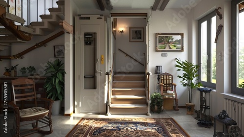 Home elevator installed in the house, Ideal for concepts related to accessibility, modern home design, and improving mobility for seniors or people with disabilities.