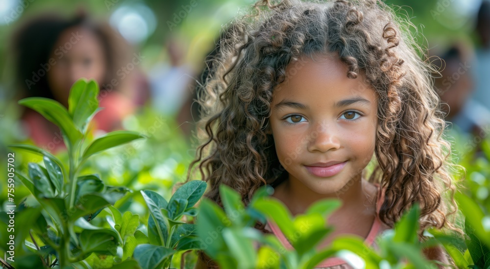 Young girl with black hair standing in field of green plants, smiling at camera Young girl with black hair standing in field of green plants, smiling at camera