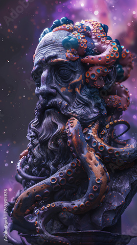 Mystical bust of a bearded man, entwined with a vibrant, detailed octopus against a starry backdrop. photo