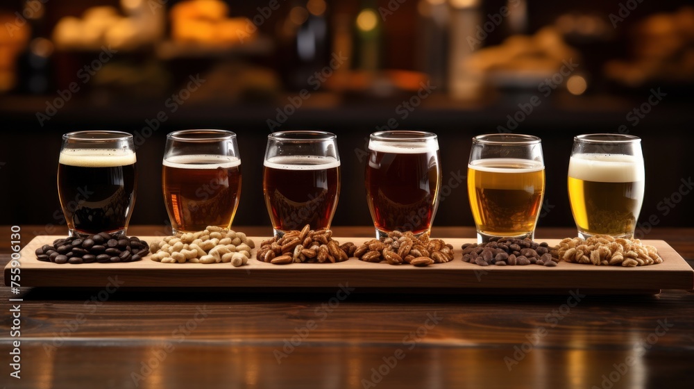 Glasses with different sorts of craft beer on wooden tray. Table for company of friends. Crispy snacks and different types of beer in glasses on wooden background, close up Glasses with different sorts of craft beer on wooden tray. Table for company of friends. Crispy snacks and different types of beer in glasses on wooden background, close up