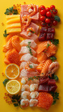A colorful display of assorted fresh seafood and herbs 