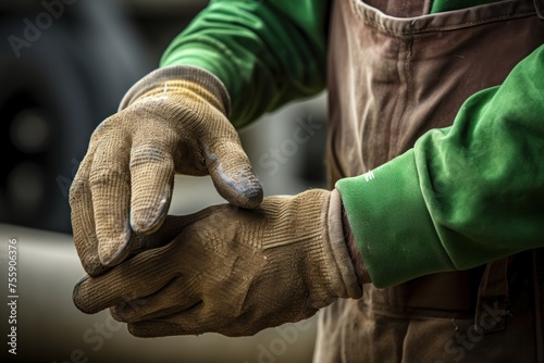 Closeup of Professional Construction Worker Putting On Industrial Gloves Before Starting Work at Building.