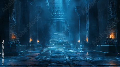 Mystical, ancient temple illuminated by radiant, enigmatic light amidst towering pillars photo