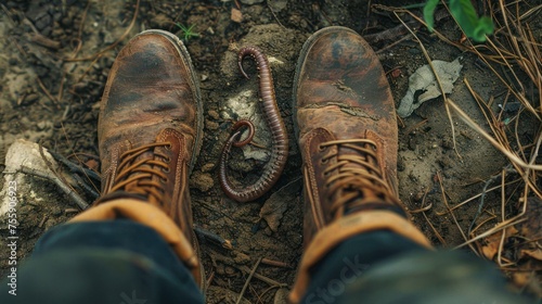 The feet and boots of a person standing next to a worm