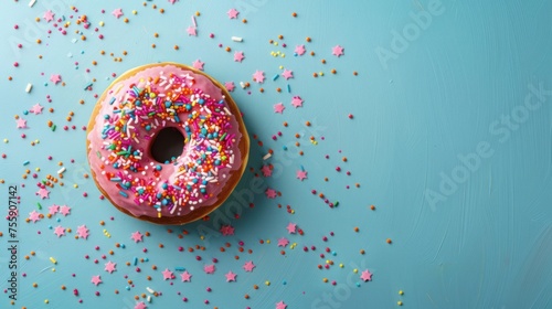 Top view composition of lush donut with colorful sprinkled icing, on bright paper textured background with a lot of 