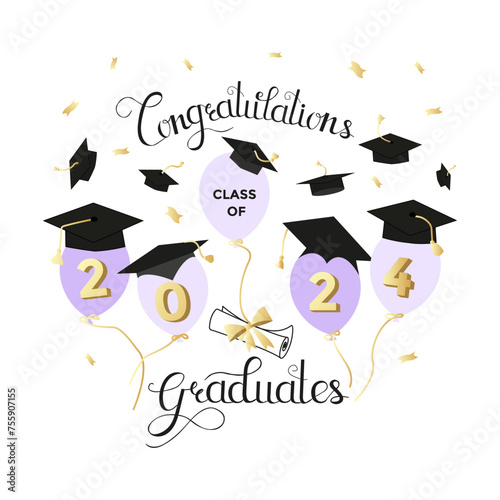 Class of 2024. Congratulations graduates design with balloons and flying graduation caps. Graduation celebration concept.