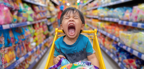 Supermarket Meltdown in Aisle Five: Child's Screaming Fit in Store. photo