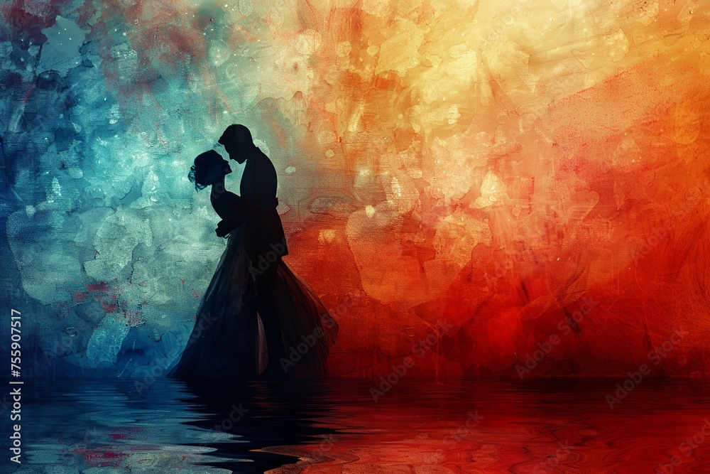 An elegant silhouette side view of a couple dancing is beautifully set against an intensely colored and emotional background, capturing the essence of passion and connection in motion. An elegant silhouette side view of a couple dancing is beautifully set against an intensely colored and emotional background, capturing the essence of passion and connection in motion.