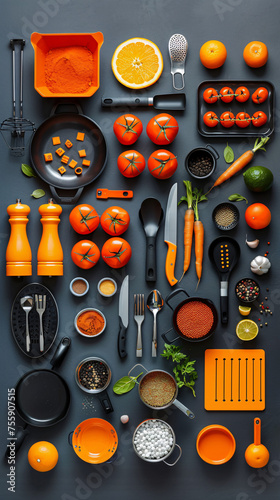 Variety of orange kitchen items and foods neatly arranged on a dark surface