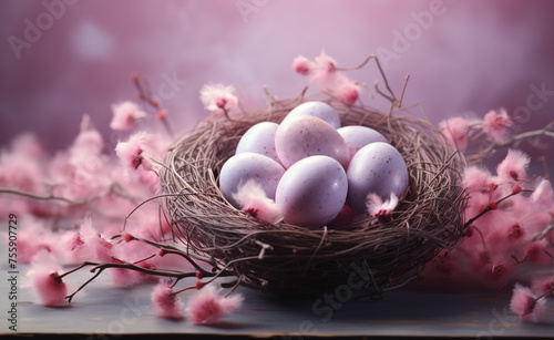nest, egg, birth, tender, pink pastel, background сreated with Generative Ai © Andrii Yablonskyi