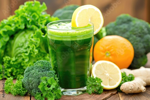 Glass of green juice with lemon garnish