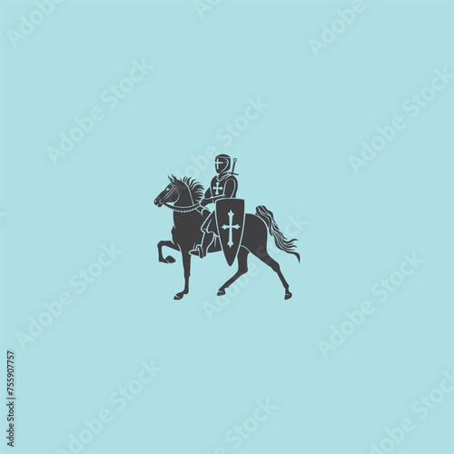 in the picture there is a crusader on a horse