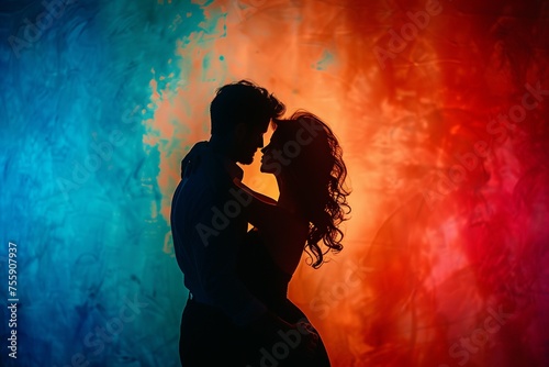 An elegant silhouette side view of a couple dancing is beautifully set against an intensely colored and emotional background, capturing the essence of passion and connection in motion.