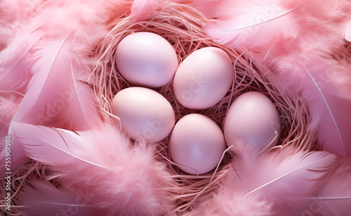 nest, egg, birth, tender, pink pastel, background сreated with Generative Ai