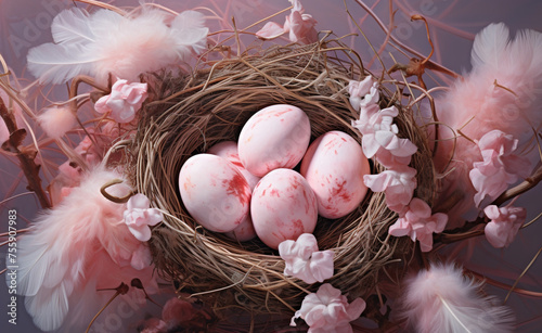 nest, egg, birth, tender, pink pastel, background сreated with Generative Ai