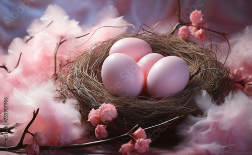 nest, egg, birth, tender, pink pastel, background сreated with Generative Ai