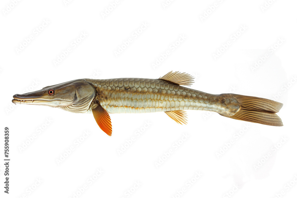 Alligator gar isolated in copy space white background, Atractosteus spatula isolated in white background Alligator gar isolated in copy space white background, Atractosteus spatula isolated in white background