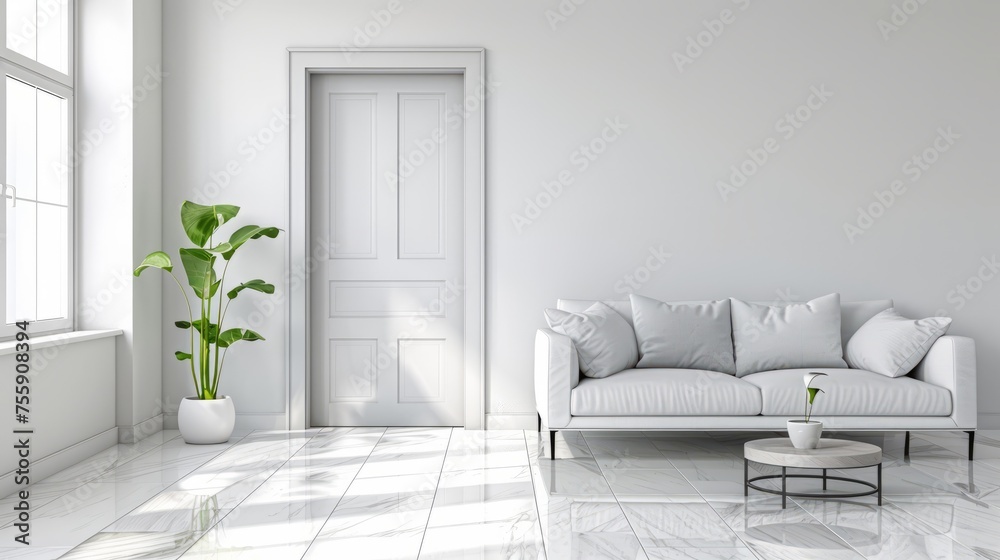 minimalist living room, modern white sofa, round coffee table, indoor plant, white walls and floor, natural light, stylish decor, potted plant, white door. Mock up for painting minimalist living room, modern white sofa, round coffee table, indoor plant, white walls and floor, natural light, stylish decor, potted plant, white door. Mock up for painting