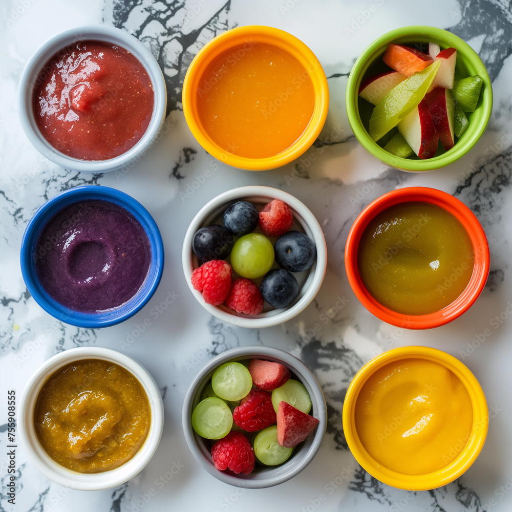 Colorful Array of Homemade Baby Purees in Bowls, Surrounded by Fresh Cut Fruits – A Guide to Nutritious and Flavorful Weaning Foods for Babies. Colorful Array of Homemade Baby Purees in Bowls, Surrounded by Fresh Cut Fruits – A Guide to Nutritious and Flavorful Weaning Foods for Babies.