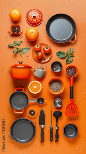 Kitchen utensils, cookware, and fresh produce neatly arranged on an orange background. photo