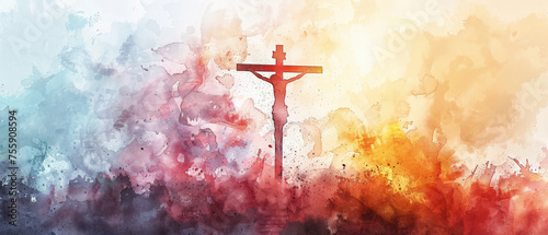 Acuarela de la silueta de Jesucristo en la cruz, sobre fondo abstracto de colores rojo, amarillo, azul y blanco photo