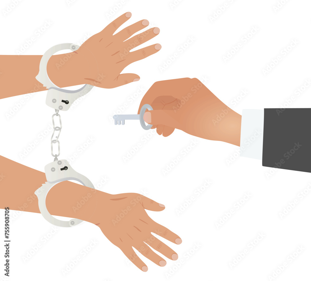 Hand hold key to unlock handcuffs. vector Hand hold key to unlock handcuffs. vector