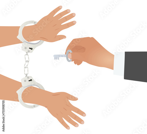 Hand hold key to unlock handcuffs. vector