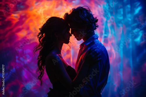 An elegant silhouette side view of a couple dancing is beautifully set against an intensely colored and emotional background  capturing the essence of passion and connection in motion.