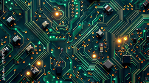 Detailed view of a circuit board with glowing orange lines and various components photo