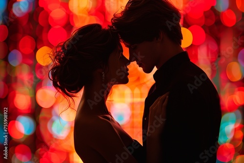 An elegant silhouette side view of a couple dancing is beautifully set against an intensely colored and emotional background, capturing the essence of passion and connection in motion.