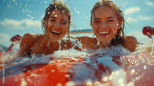 Two Girls Smiling on Surfboard in Water