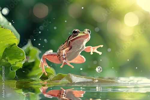 Frozen in mid-air, a leaping frog captures the essence of movement and vitality