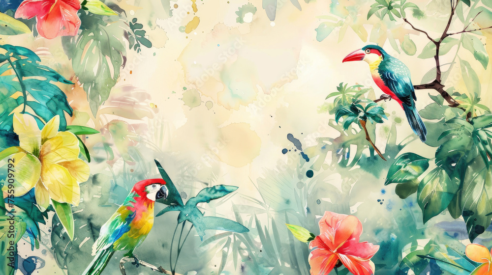 Watercolor Painting of a jungle landscape with birds. 