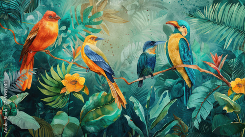 Watercolor Painting of a jungle landscape with birds. 