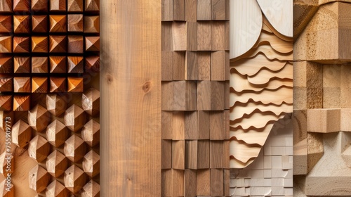 Architectural flat lay featuring wood materials in varied textures and colors,  a modern design aesthetic with a focus on the interplay of natural elements and bold geometric patterns