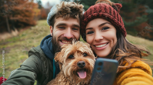 The young couple happily snaps a selfie with their dog, beaming with love and joy.